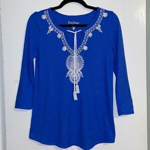 Lilly Pulitzer blue notch neck top with soutache embroidery and tassel ties XS